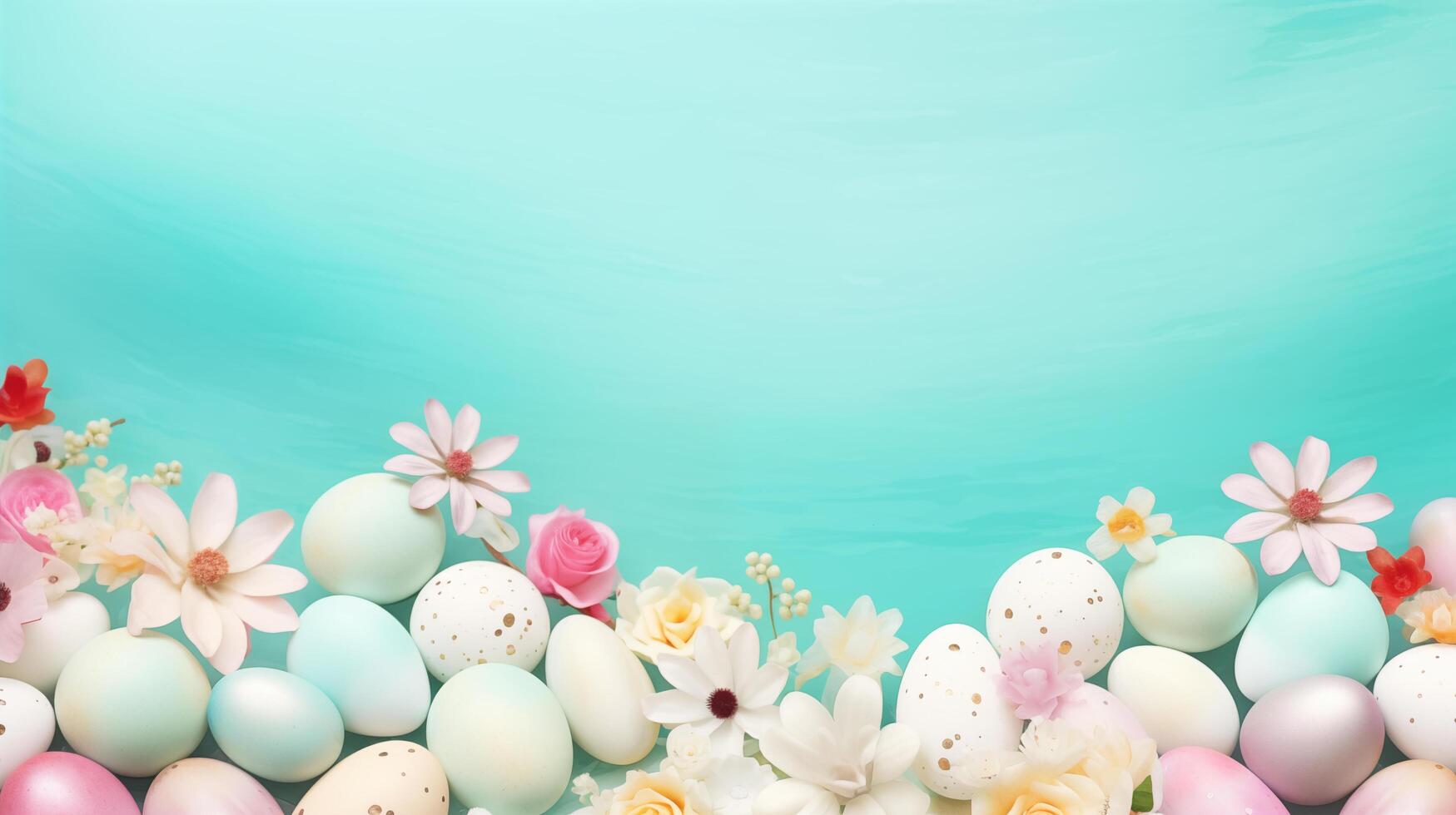 AI generated Happy Easter border frame of easter eggs and flowers with copy space in the middle spring season photo