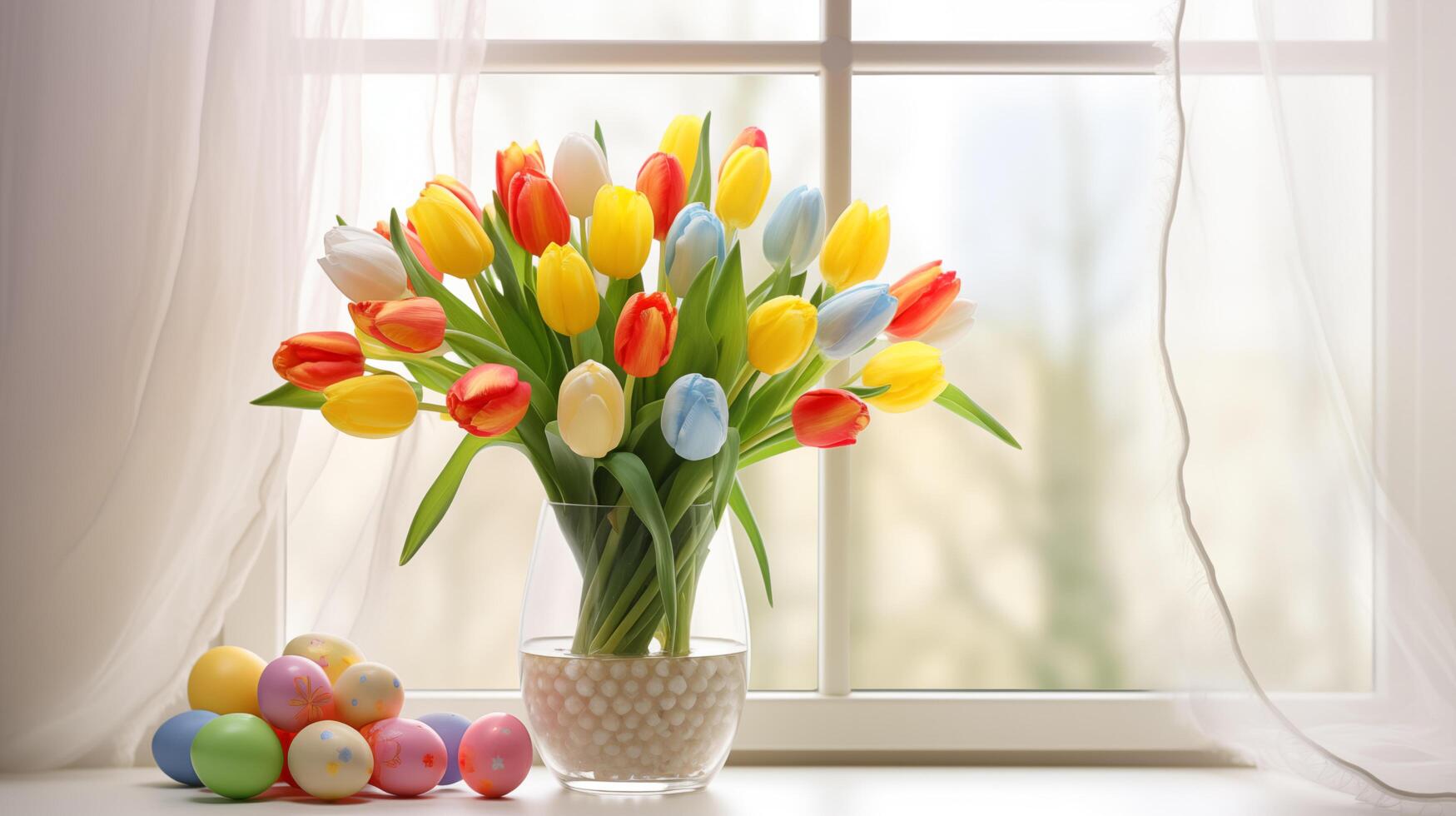 AI generated Happy Easter. Bouquet of tulip in the clear glass vase with colorful easter eggs near window photo
