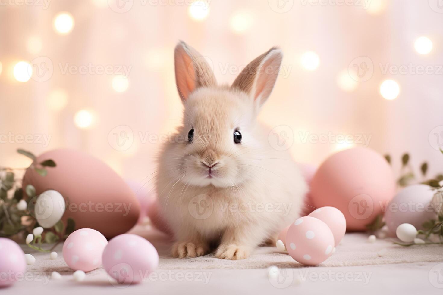 ai generado contento Pascua de Resurrección linda conejito sentado con Pascua de Resurrección huevos punto modelo pastel rosado con borroso bokeh antecedentes foto