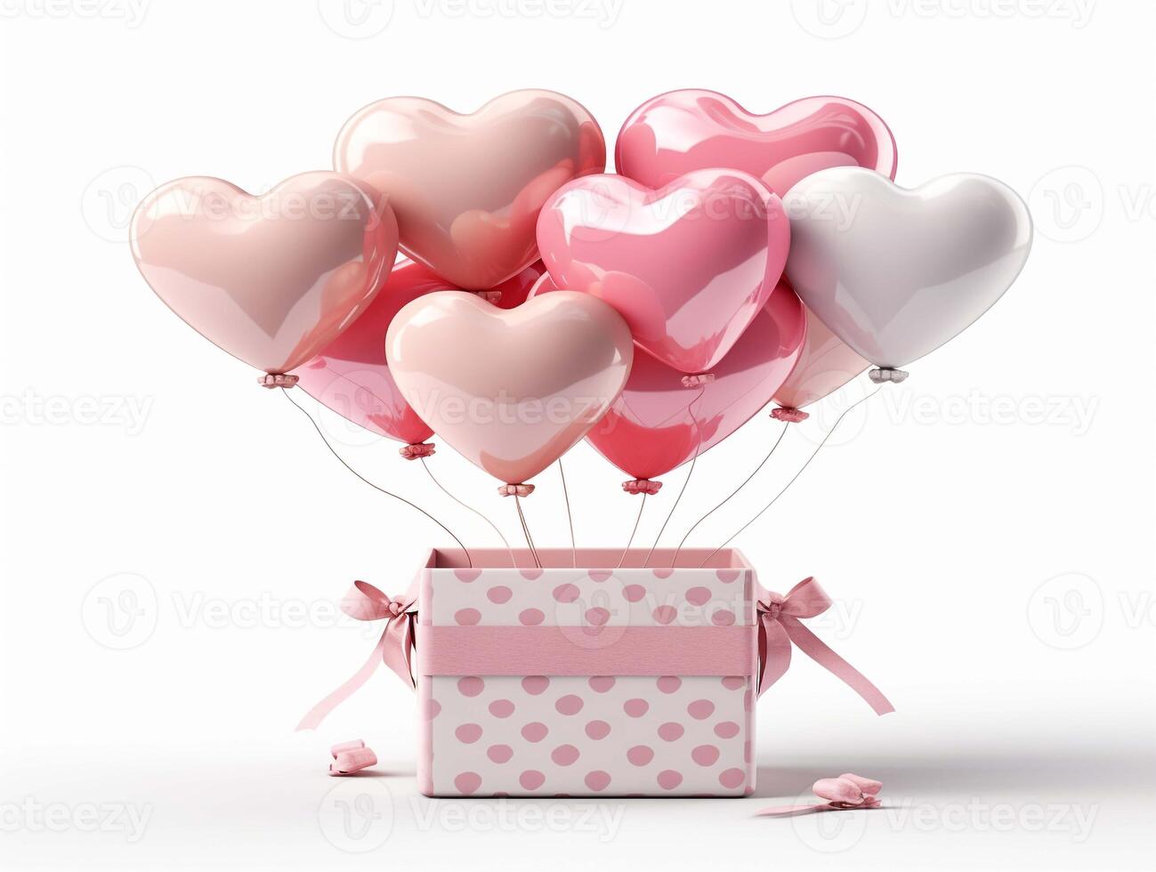 AI generated 3D heart-shaped balloons and gift boxes on a white background for Valentine's Day.illustration. photo