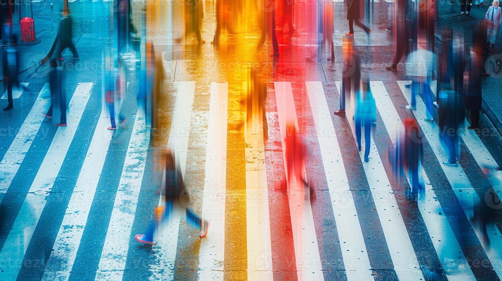 ai generado borroso movimiento de peatones caminando en mojado ciudad calles con reflexiones de ciudad luces. foto