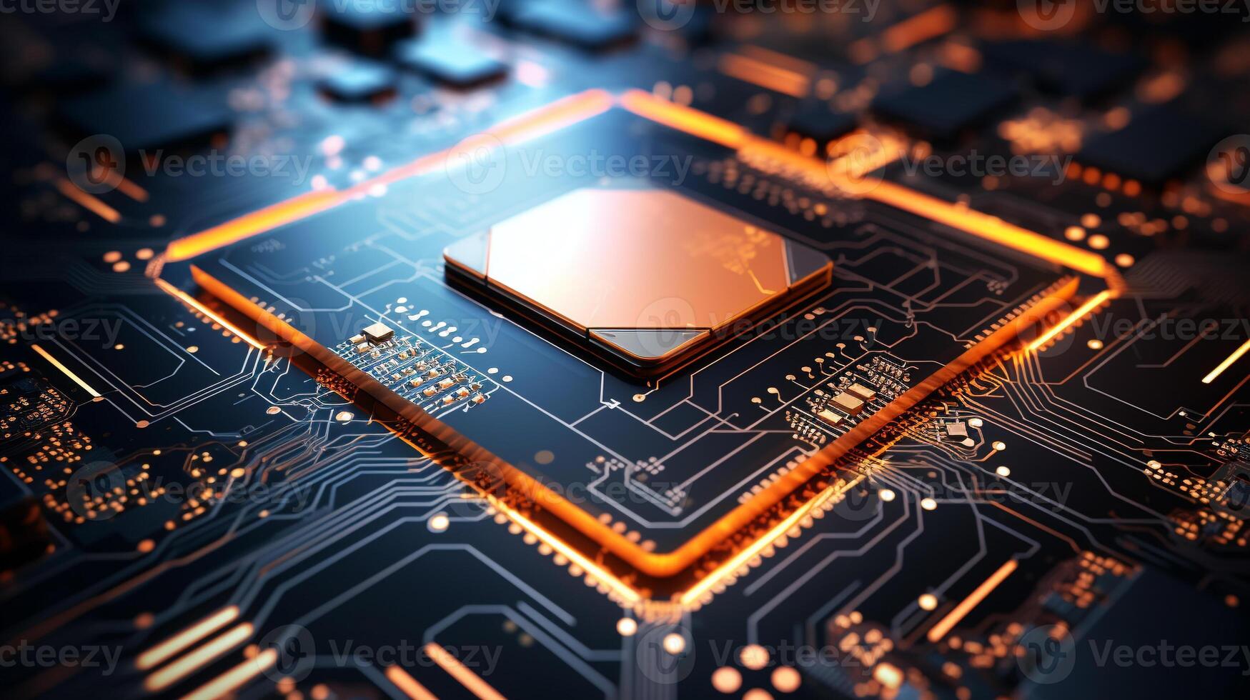 AI generated closeup of an advanced GPU ram microchip or cpu of a powerful computer board for artificial intelligence technology photo