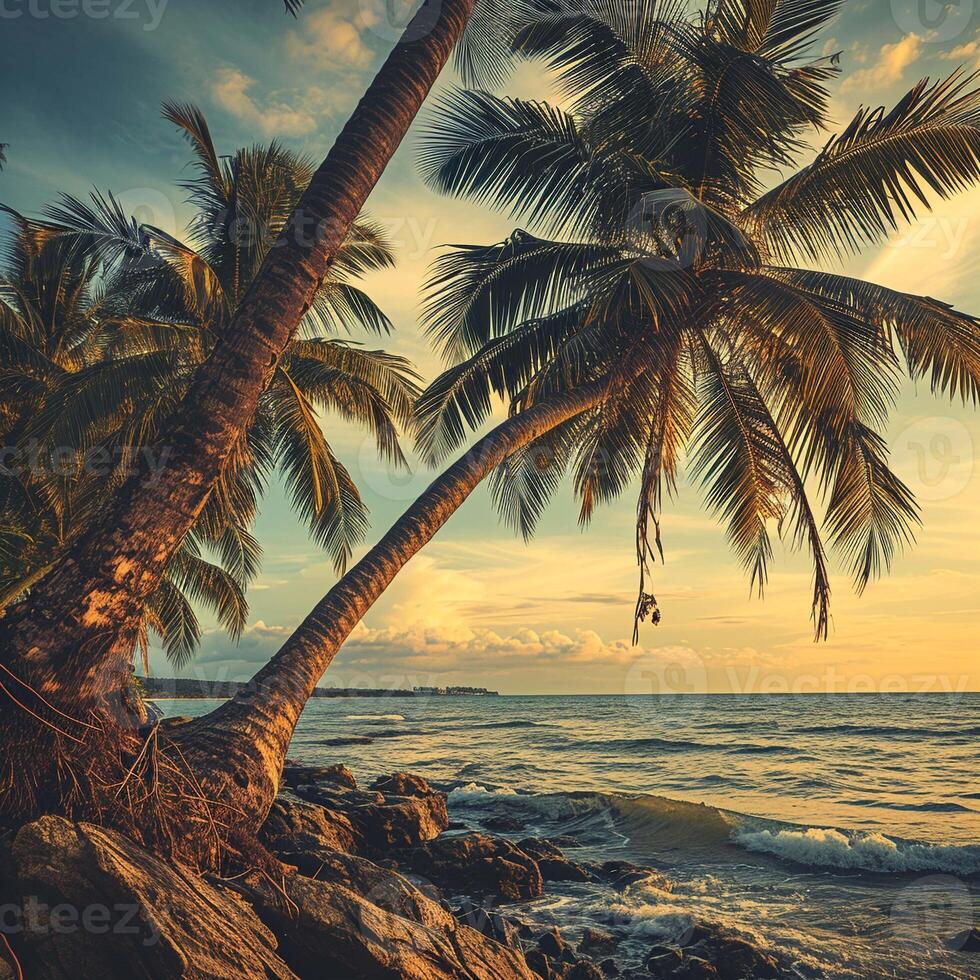 AI generated Tropical sea summer. Beach and palm trees. Nature and landscape travel. Vintage style photo