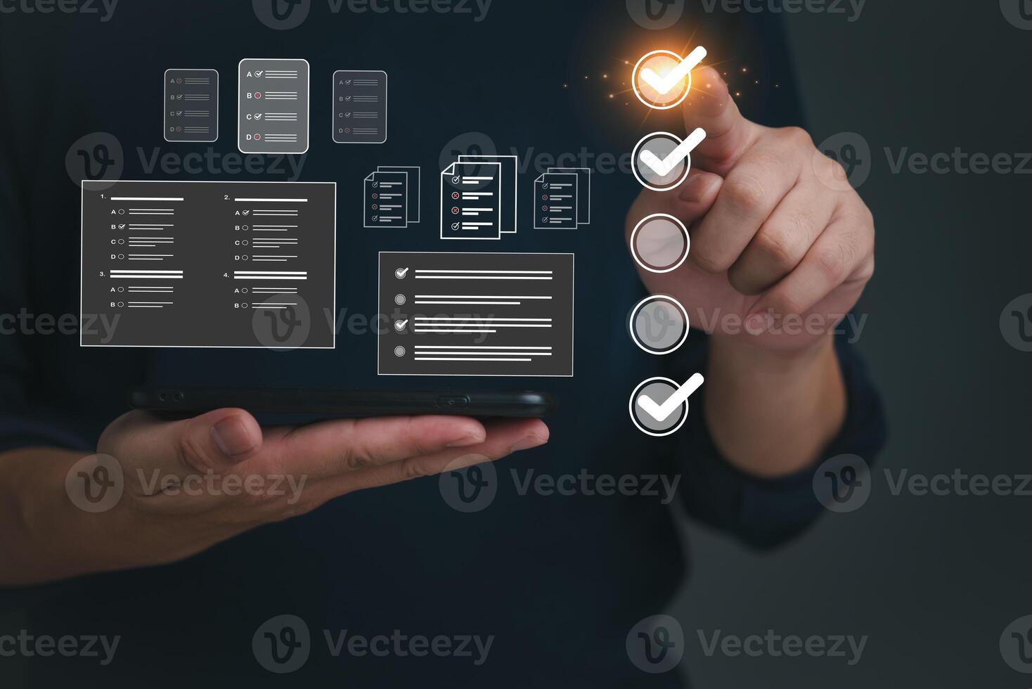 man using technology online  questionnaire with checkbox, survey form online, answer questions in the exam of test business checklist and filling survey form online. photo