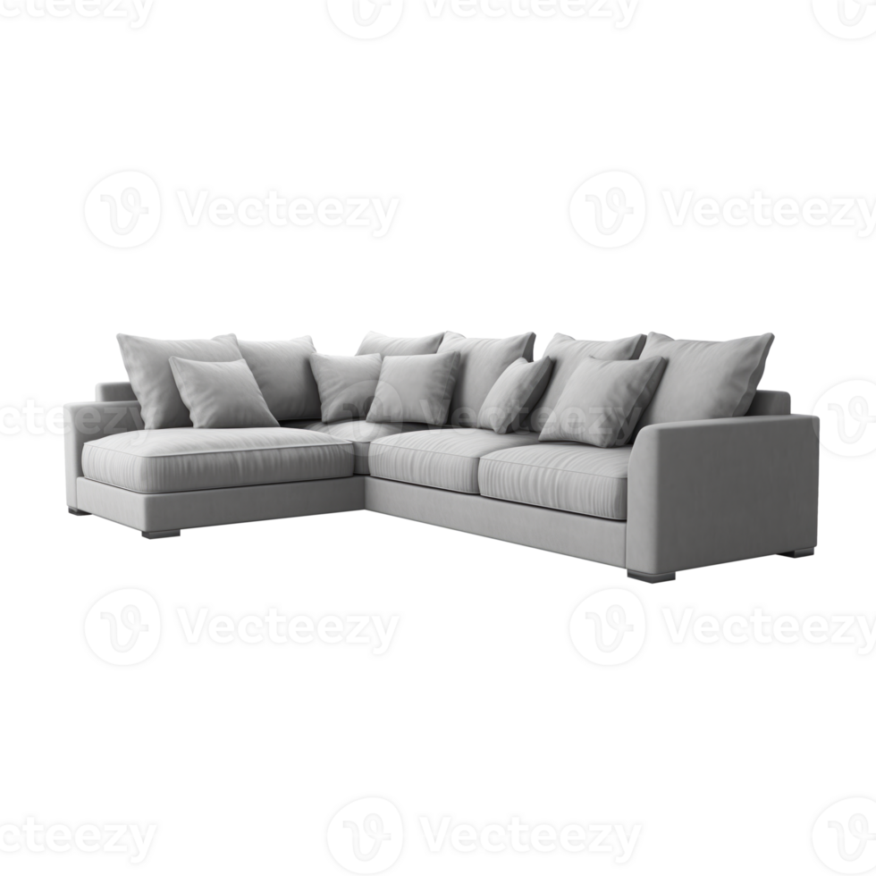 AI generated Big grey Corner Sofa. Scandinavian modern minimalist style. Transparent background, isolated image. png