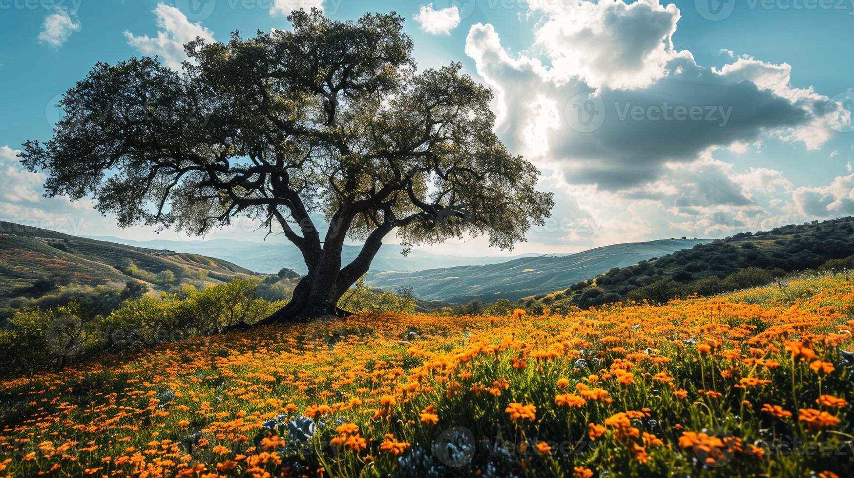 enorme árbol y flor campo, cielo y nube. naturaleza y paisaje viajar. temporada verano. foto