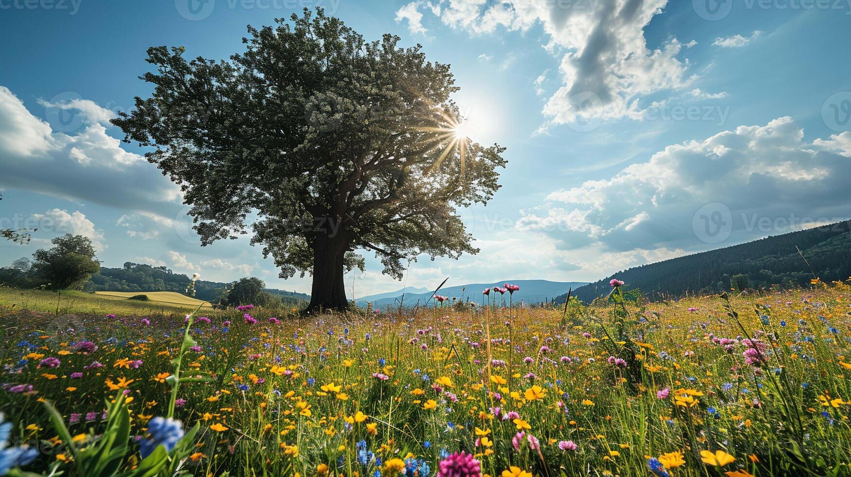 ai generado enorme árbol y flor campo, cielo y nube. naturaleza y paisaje viajar. temporada verano. foto