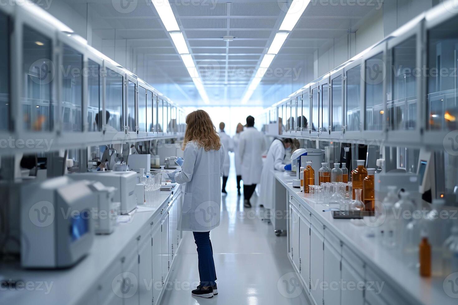 AI generated Spacious Modern Laboratory with Advanced EquipmentWide angle view of a clean and well-equipped modern laboratory interior with scientists conducting research. photo