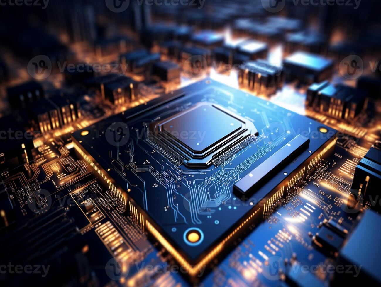AI generated closeup of an advanced GPU ram microchip or cpu of a powerful computer board for artificial intelligence technology photo