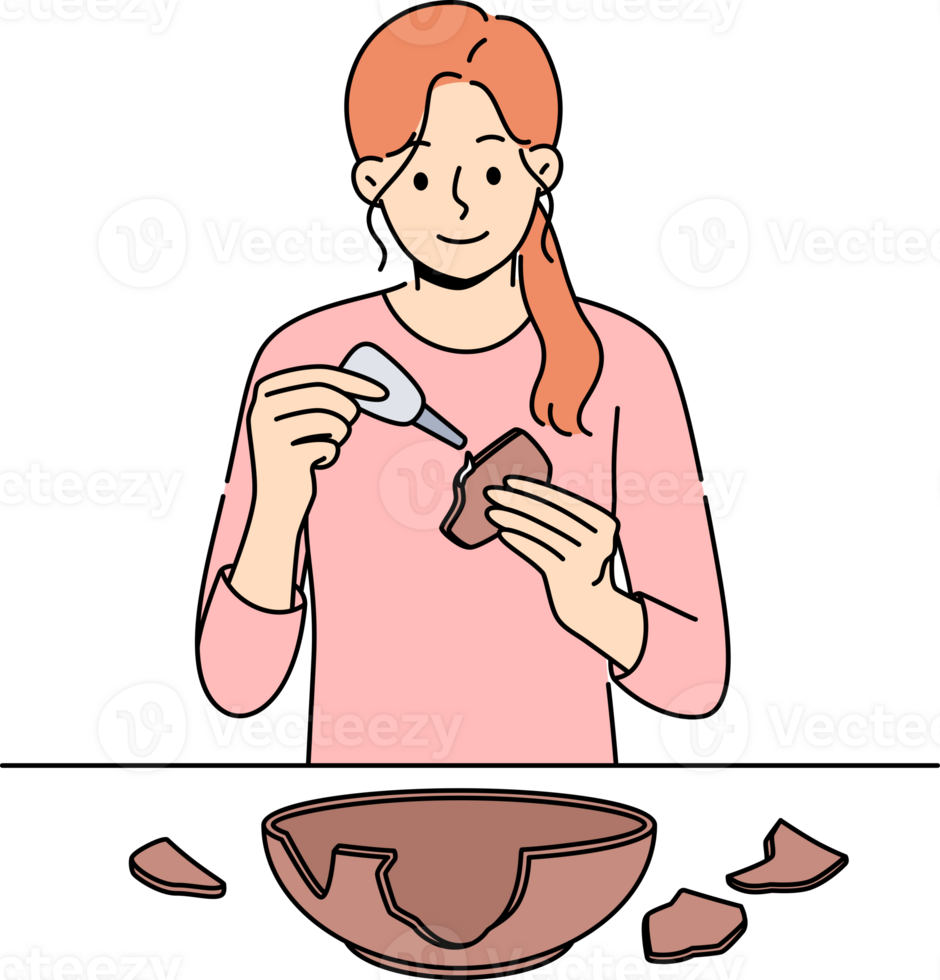 Woman seals broken clay plate to hide carelessness or demonstrate conscious consumption. Girl archaeologist with smile uses glue restoring clay dishes found at excavations for display in museum. png