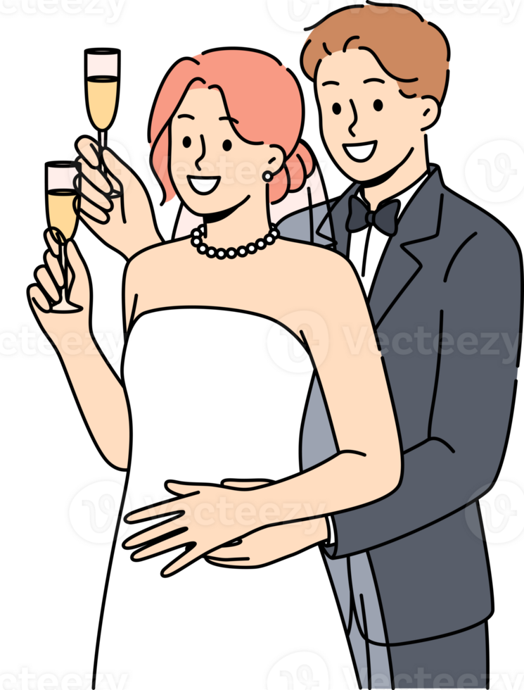Newlyweds man and woman stand in embrace and hold glasses of champagne during wedding ceremony. Two newlyweds listen to congratulations from guests of festive event in honor of engagement png