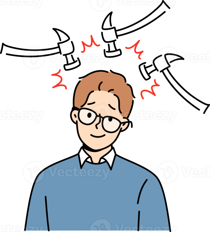 Man with headache and migraine stands among hammers hitting head and needs painkillers. Funny business guy with glasses suffers from headache caused by overwork and pressure from manager png