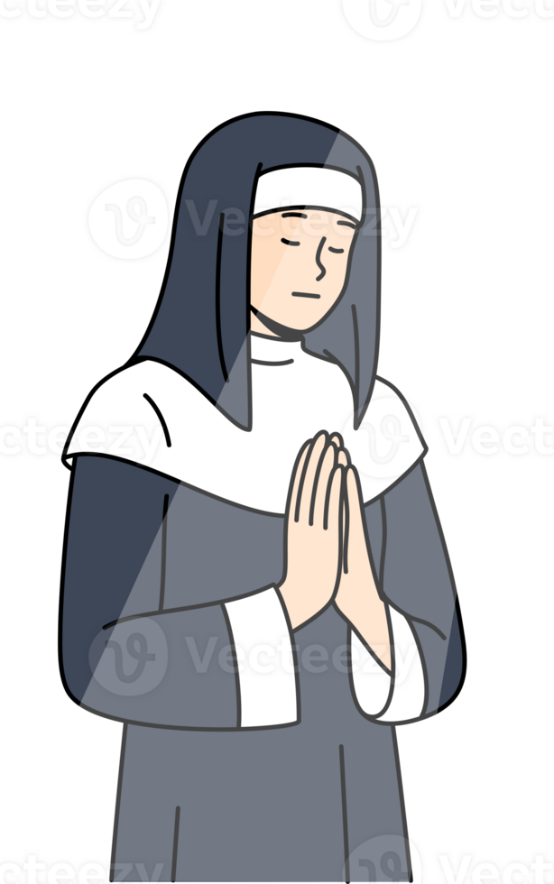 Nun prays to god with palms folded in front chest and eyes closed during ritual, standing under beam light in cathedral. Female novice catholic cathedral praying to observe christian traditions png