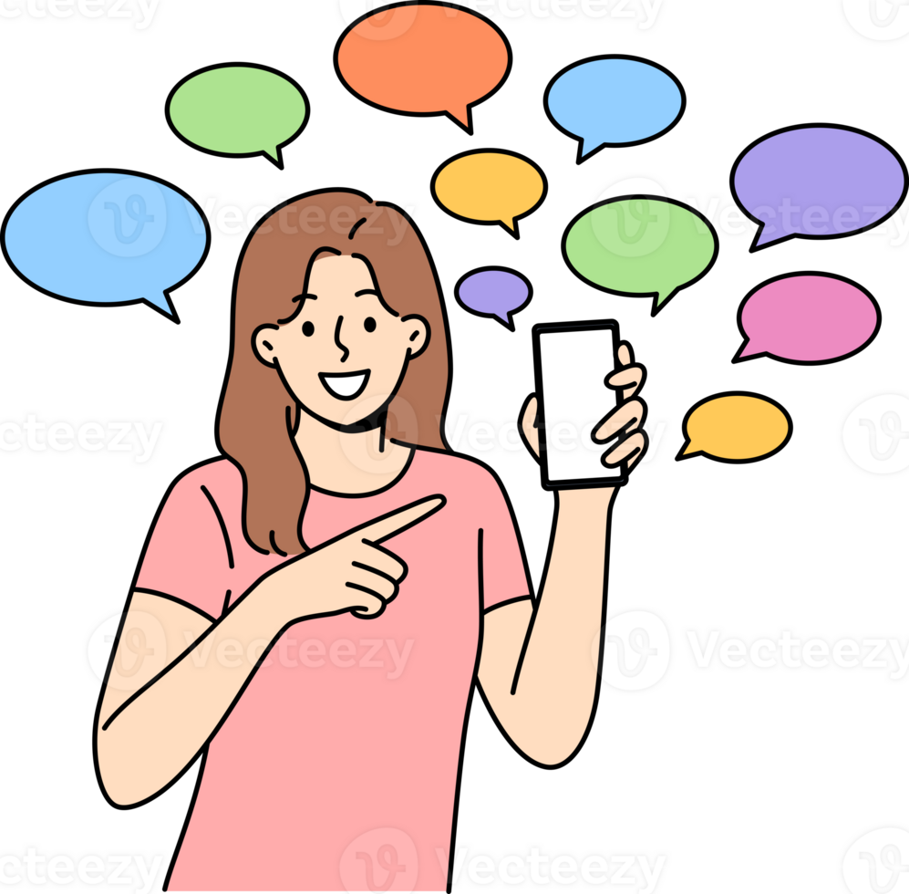 Woman shows off messages pointing fingers at phone and calling for downloading new mobile messenger. Girl smiles standing among dialogue clouds symbolizing exchange of messages on social networks. png