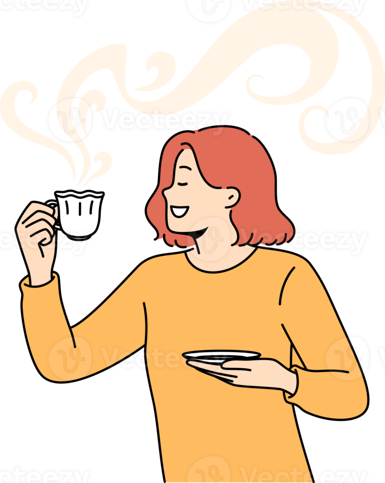 Woman drinks aromatic coffee from beautiful mug and smiles enjoying taste of hot drink. Girl loves coffee or tea, which allows to refresh herself and gain strength before hard day at work. png