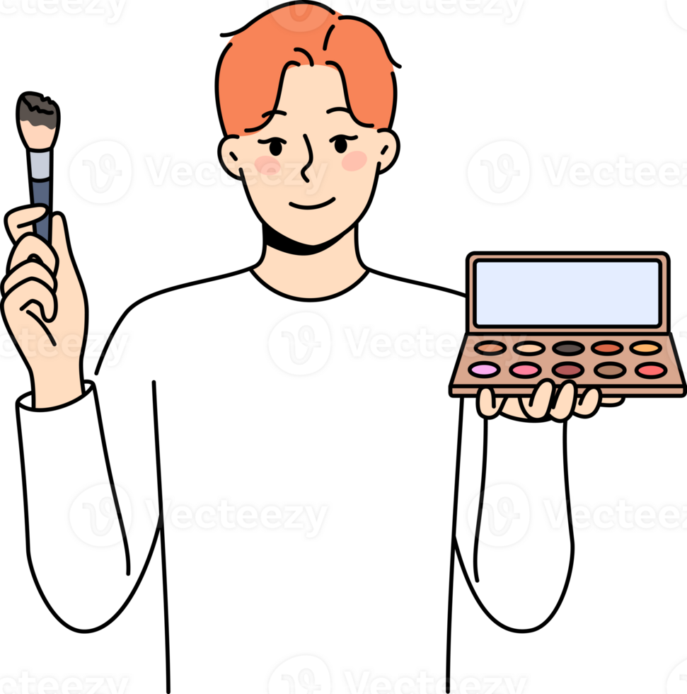 Non-binary man applies makeup and skin shadow, holding mirror and brush to apply powder. Non-binary guy uses cosmetics, wanting to become like girl, for concept of gender identity and tolerance png