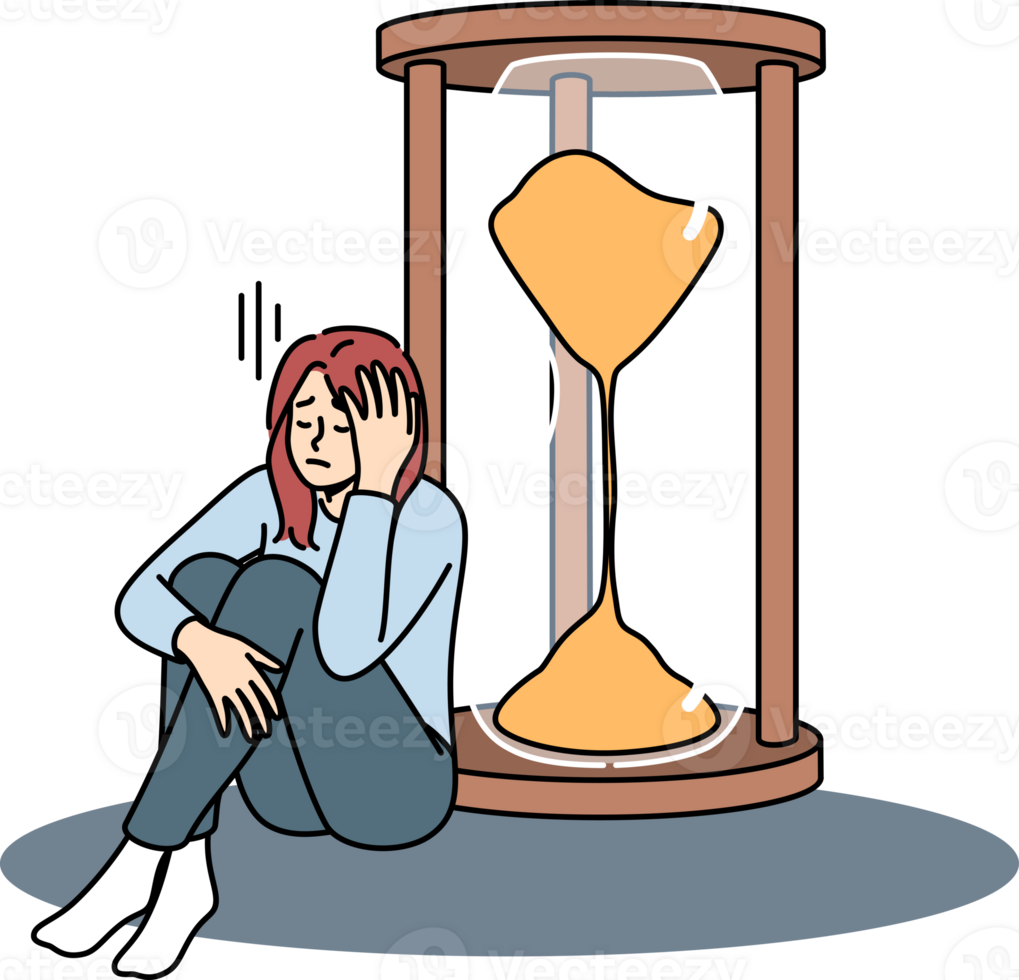 Woman is sad about strict deadlines sitting near large hourglass, and needs skills improve productivity. Concept lack of productivity causes stress in girl due to inability complete work on time png