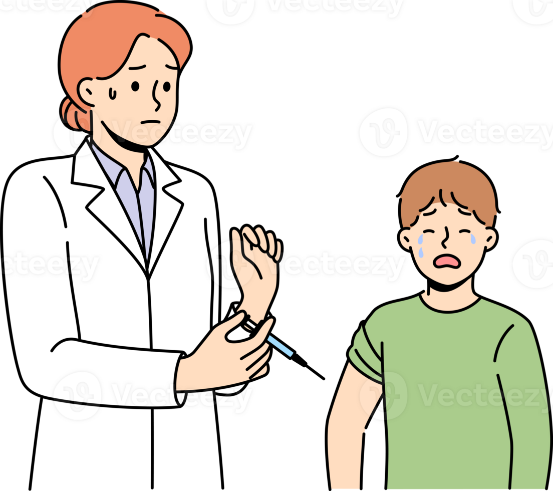Boy suffers vaccine phobia and is crying standing near woman doctor holding syringe with injection in hands. Nurse hesitates to inject vaccine into young patient who is throwing tantrum. png