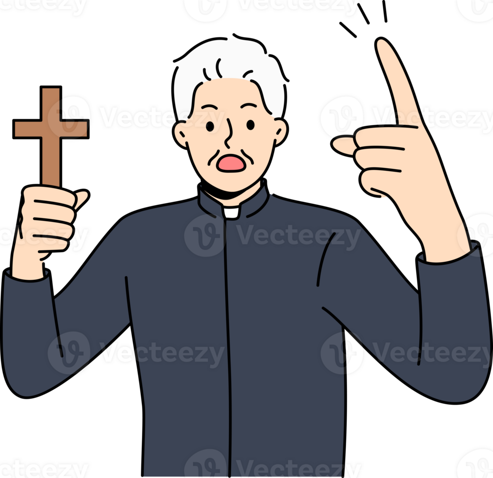 wütend Priester mit hölzern Christian Kreuz im Hand Geschrei, drängen Menschen zu denken Über Annäherung Tag von Beurteilung. Mann Priester mit Symbol von katholisch Kirche schwört zu Fahrt aus böse Geist png