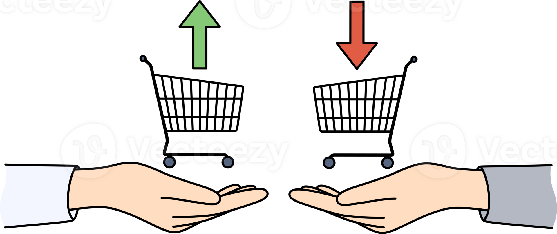 Traders hands with consumer baskets and up or down arrows symbolize buying and selling bonds in stock market. Traders make profitable transactions to obtain investment profits from speculative actions png