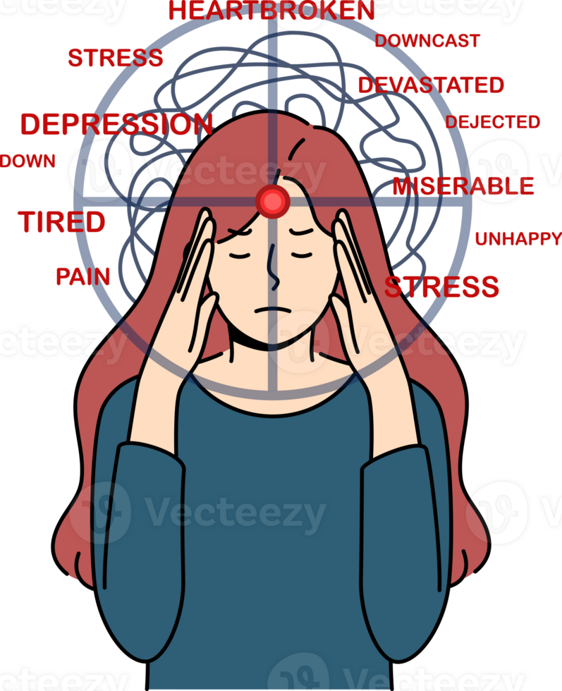 Depressed woman experiencing stress and suffering, clutching head with target, near inscriptions heratbroken or dejected. Girl suffers from psychological pressure causing stress and despair or apathy png