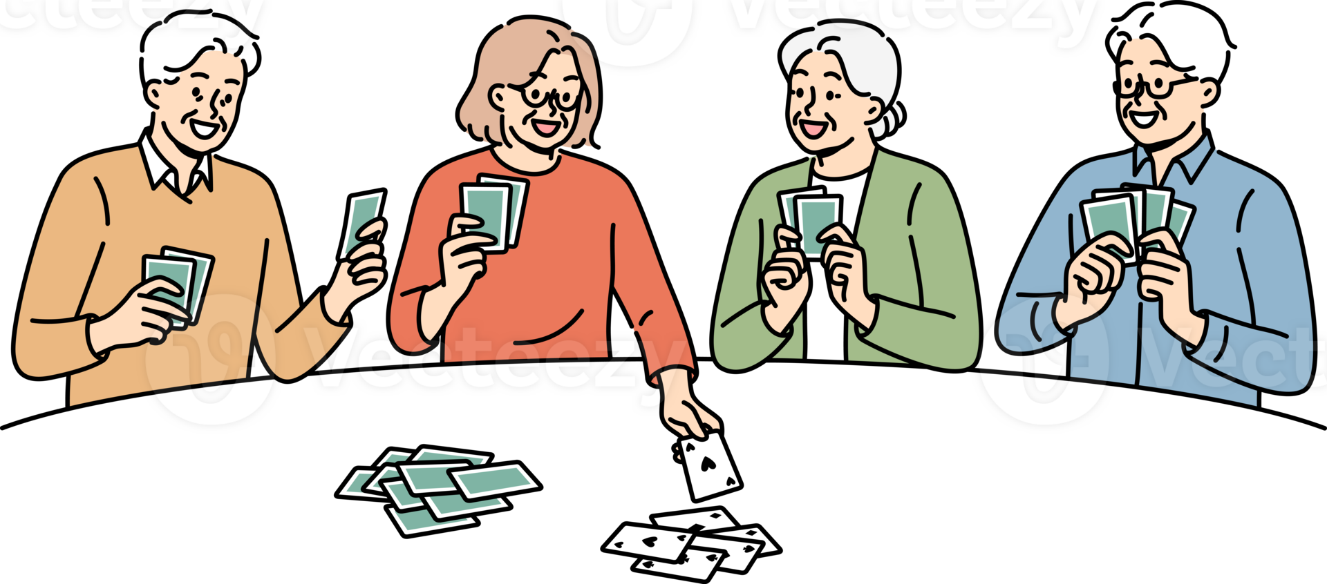 Old men and women play cards having fun after retirement and enjoying socializing with friends. Cheerful elderly people with playing cards in hands are passionate about gambling in poker club png