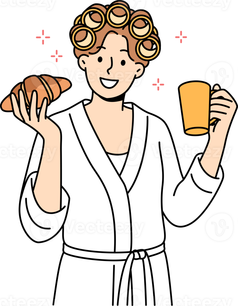 Woman enjoys morning breakfast of fresh croissant and cup coffee, standing in bathrobe and curlers on hair. Concept good morning or importance of waking up in positive mood to achieve success in life png