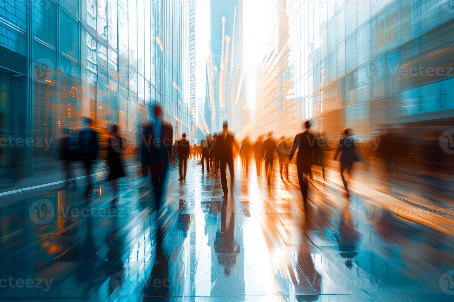 AI generated Blurred motion of pedestrians walking on wet city streets with reflections of city lights. photo
