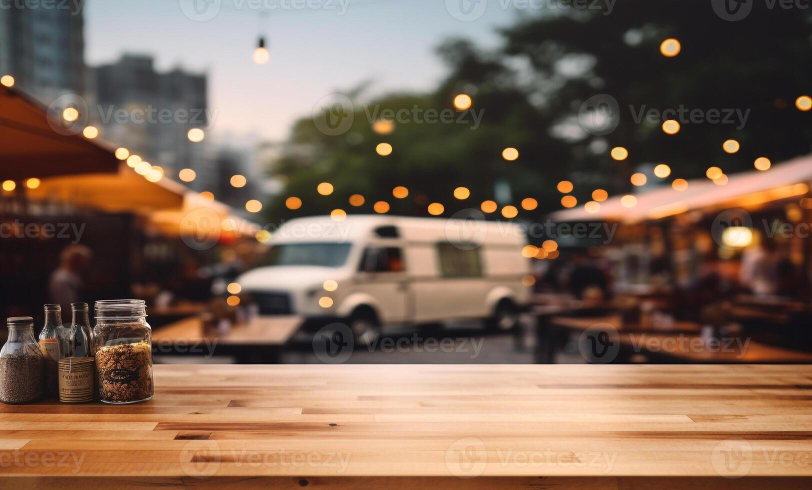 AI generated wood table top and Abstract blur food truck festival banner mockup for display of product photo