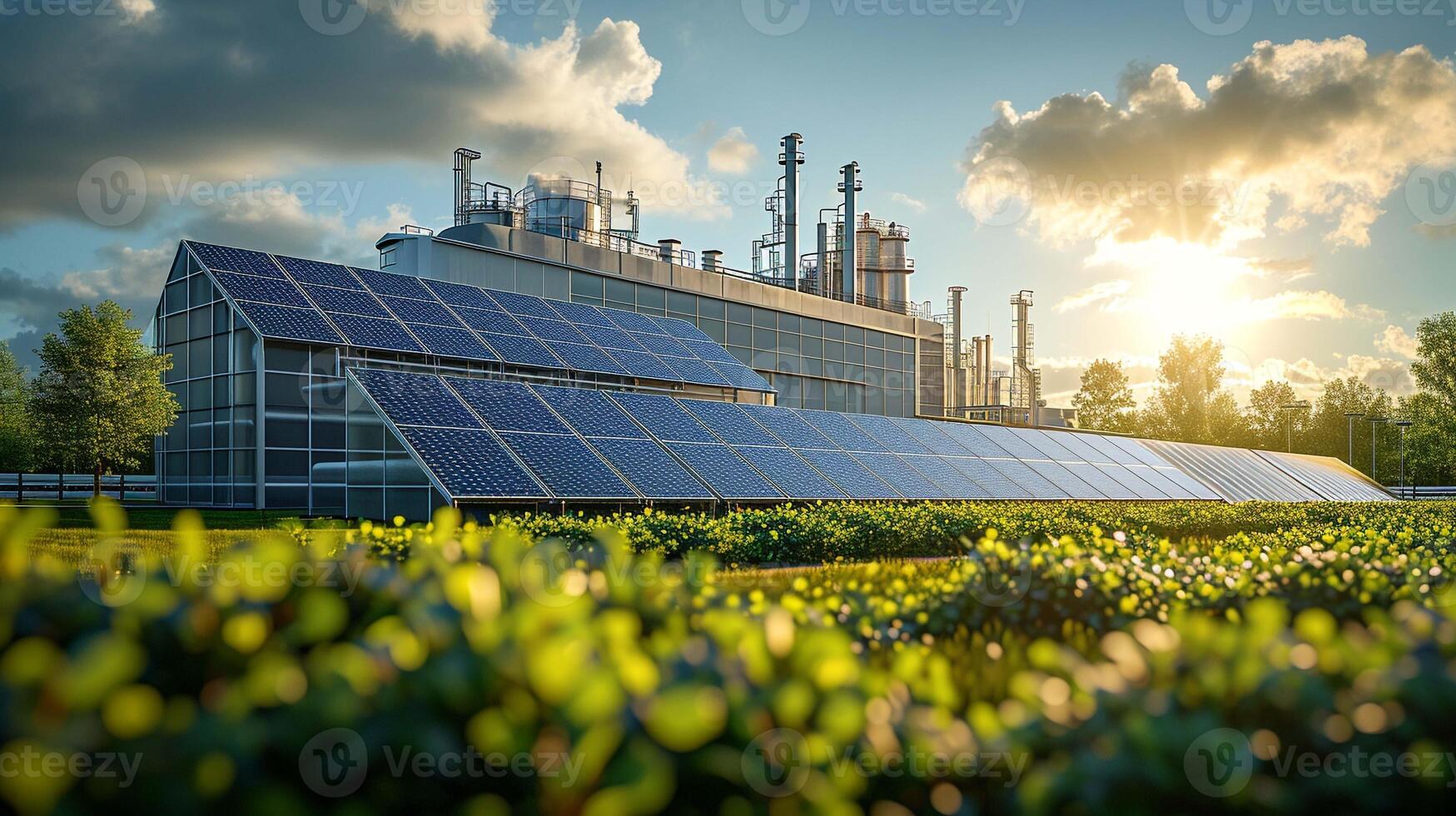 ai generado solar energía paneles en el primer plano con un tradicional industrial planta y chimeneas en el fondo, representando un contraste en energía producción. foto