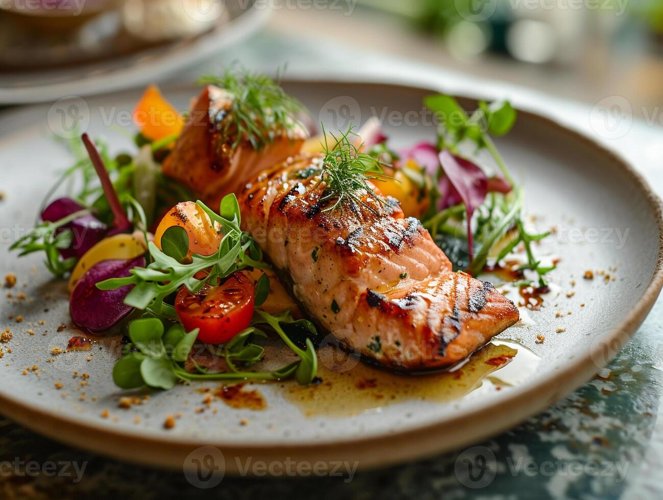 AI generated Fish salmon steak with vegetables on the dish. photo