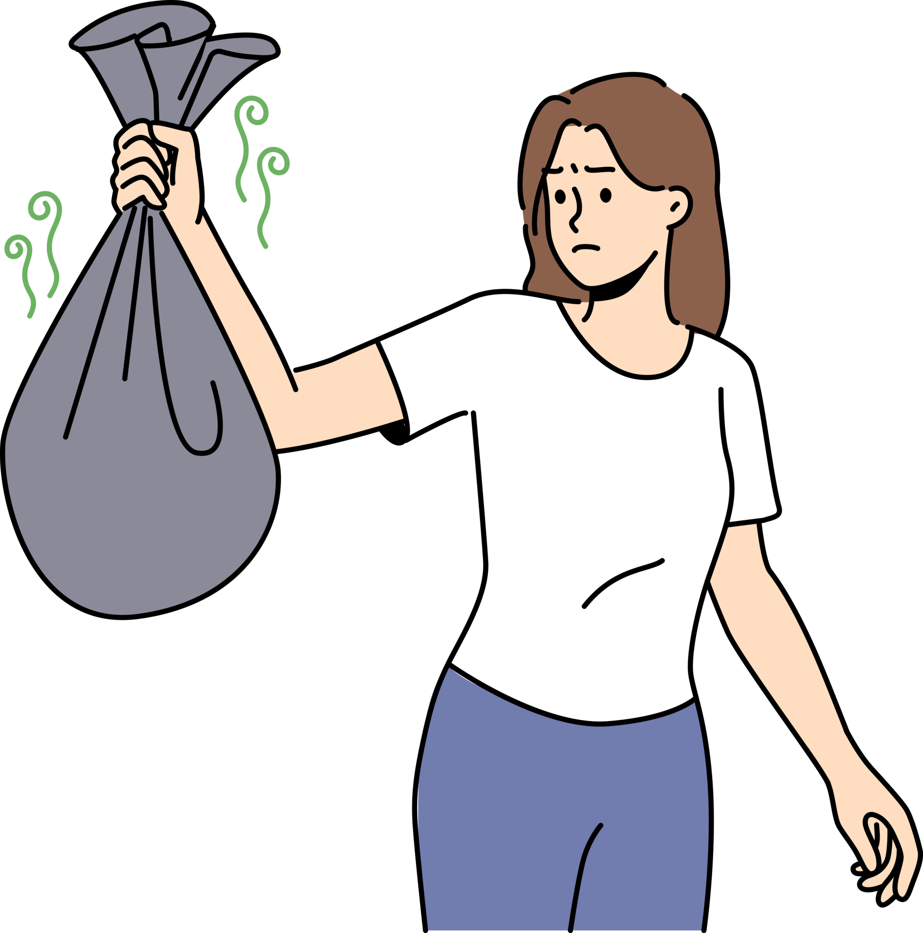 Woman with bag of smelly garbage in hands carries waste into trash can and feels disgusted