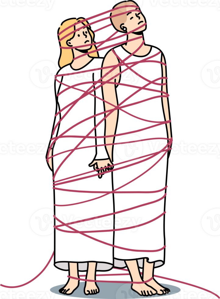 Two sad women tied with rope hold hands demonstrating personal affection and shared problems. Concept of affection between people causing general depression and lack of strength to fight png