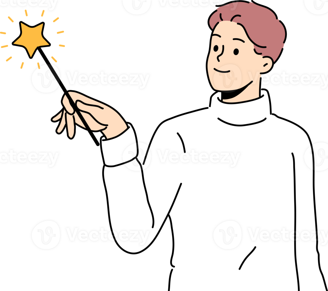 Mann Magier Verwendet Fee Magie Zauberstab und Abgüsse zauberhaft buchstabieren während Hexerei oder Magie Trick png
