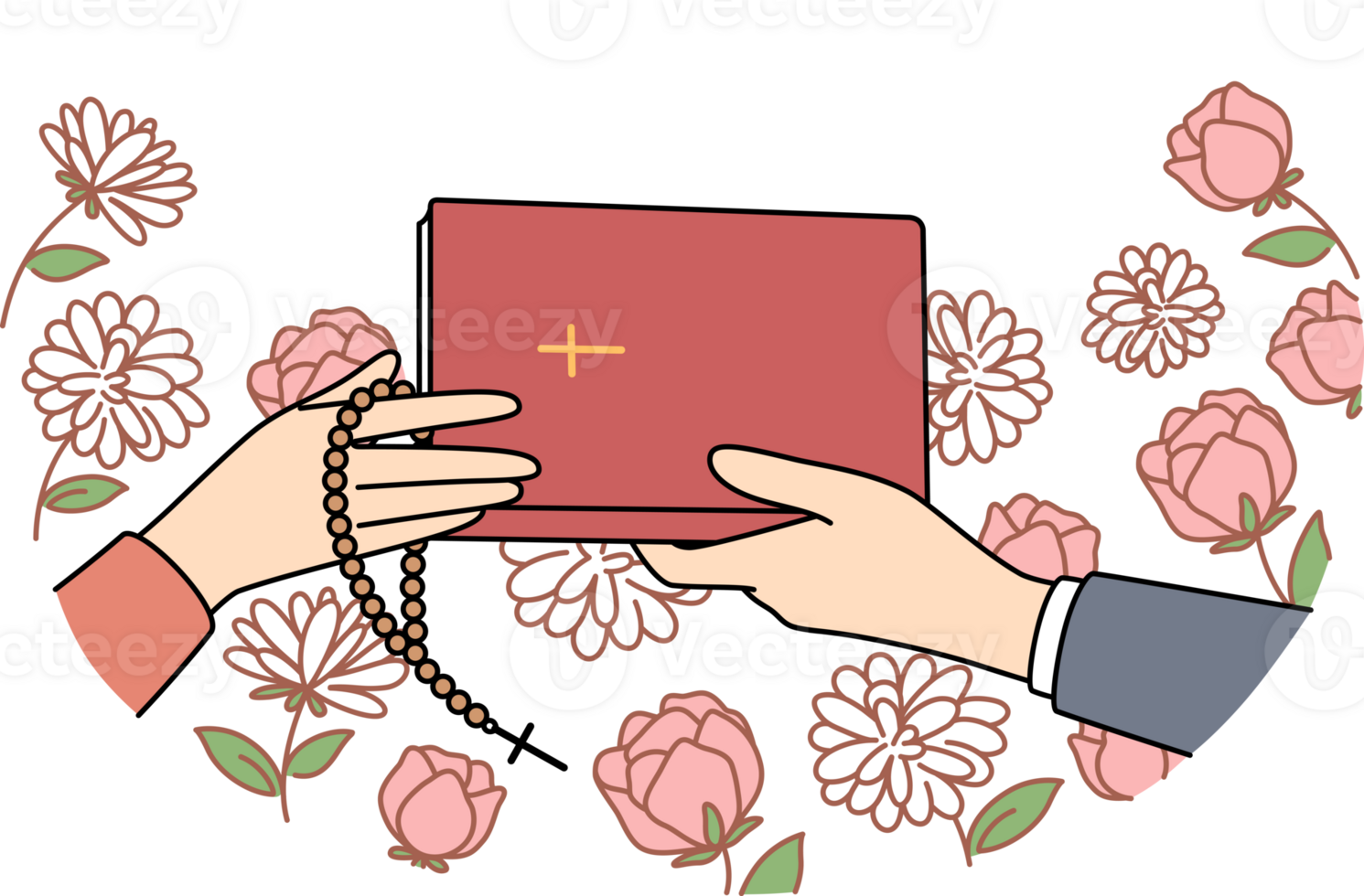 mains de gens avec Christian Bible près fleurs, pendant échange de religieux Littérature avec prières ou gospel. saint Bible avec crucifix sur couverture pour ceux qui honneur orthodoxe ou catholique Foi png