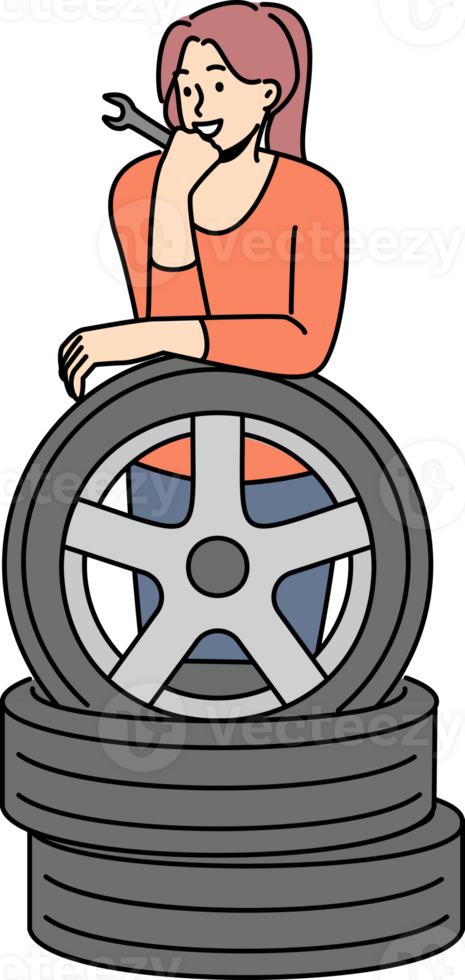 Woman auto mechanic prepares to replace car wheels during vehicle maintenance or repair. Happy girl auto mechanic with wrench in hands leans on tires, rejoicing at possibility replacing them on own png