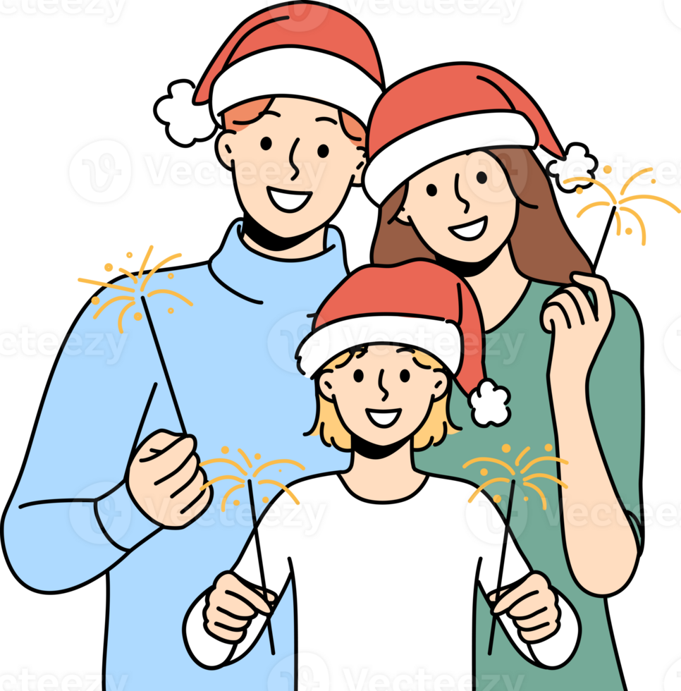 Christmas family of dad with mom and smiling child use sparklers celebrating new year holidays png