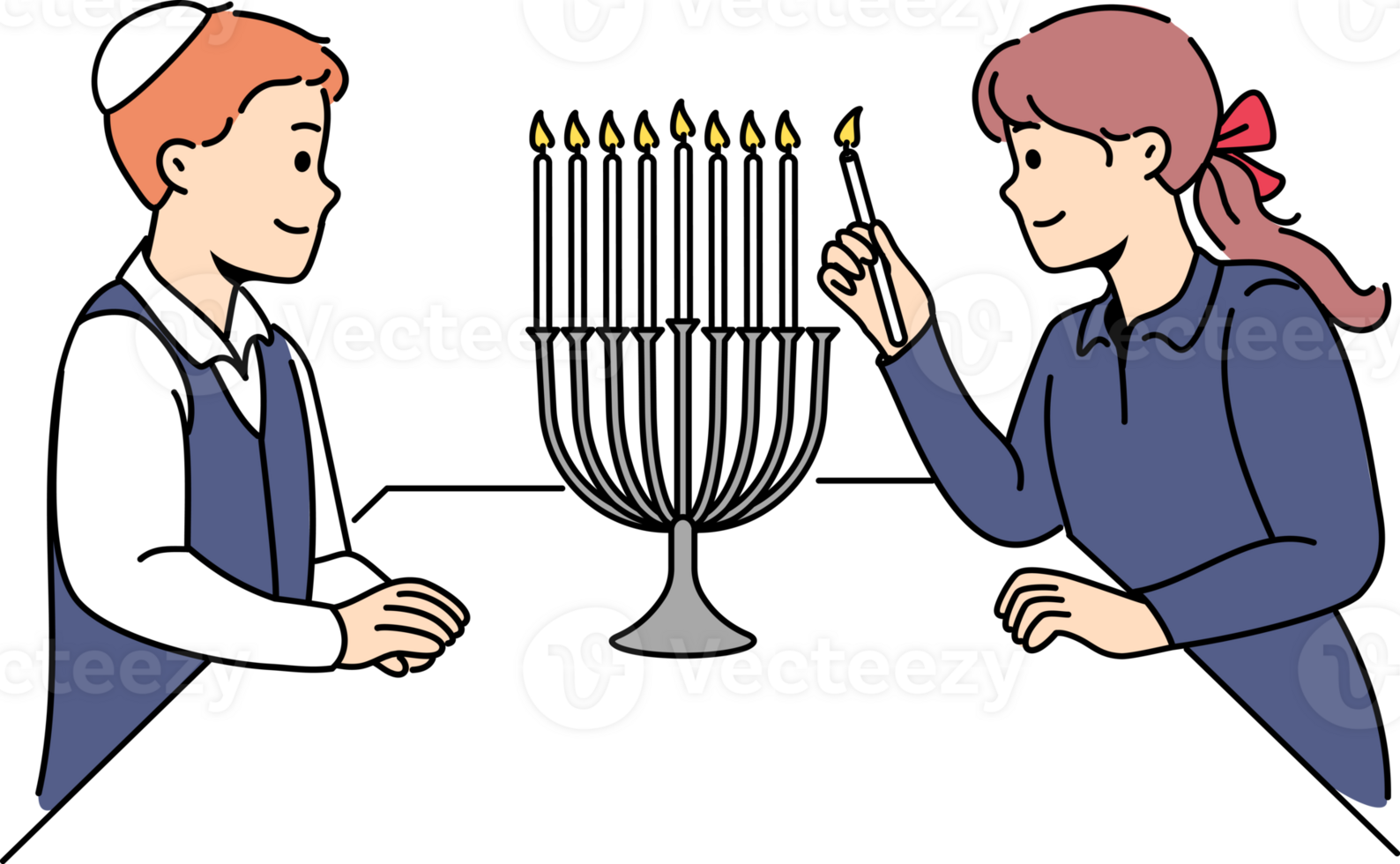 Jewish children stand near minora with burning candles, preparing for traditional holiday hanukkah png