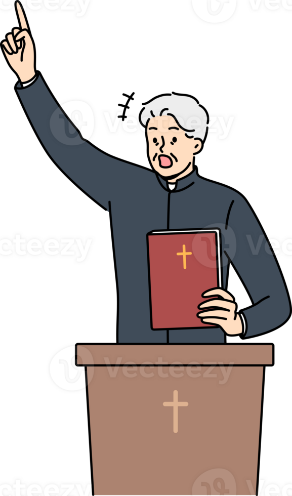 Priest with bible shouts and standing behind podium with christian crucifix, talking about retribution for sins. Priest expressively reads sermon or conducts religious mass for church visitors png