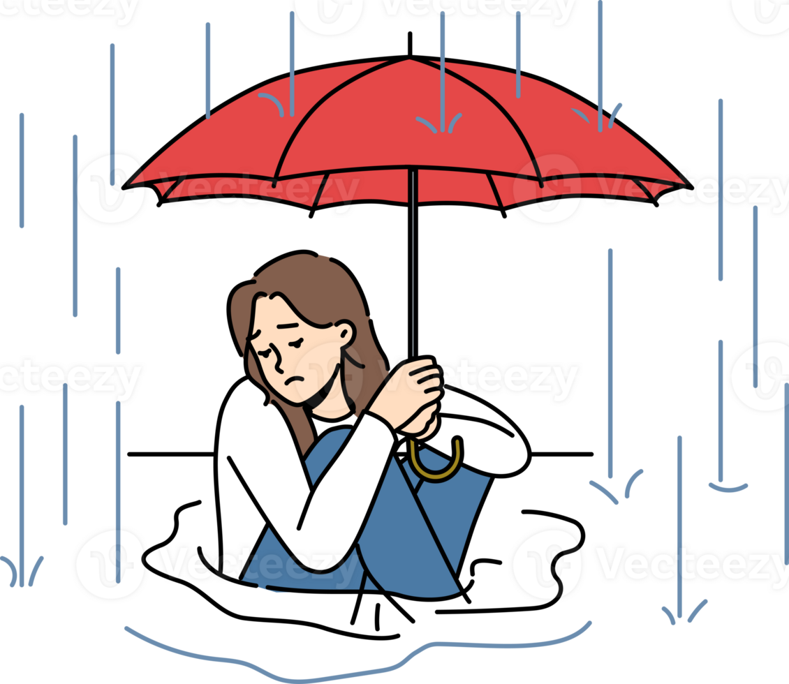 vrouw zit in plas in regen en houdt paraplu over- hoofd, proberen naar ontsnappen herfst stortbui. dakloos, nat meisje is verdrietig en apothetisch looks weg gedurende regenen, ten gevolge naar gebrek van huis of plaats in onderdak png