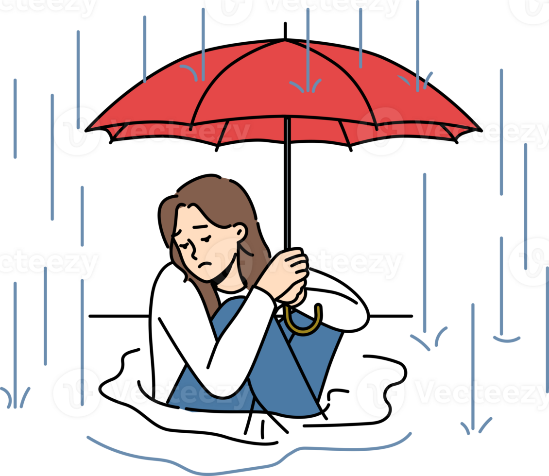 Woman sits in puddle in rain and holds umbrella over head, trying to escape autumn downpour. Homeless, wet girl is sad and apothetically looks away during rain, due to lack of home or place in shelter png