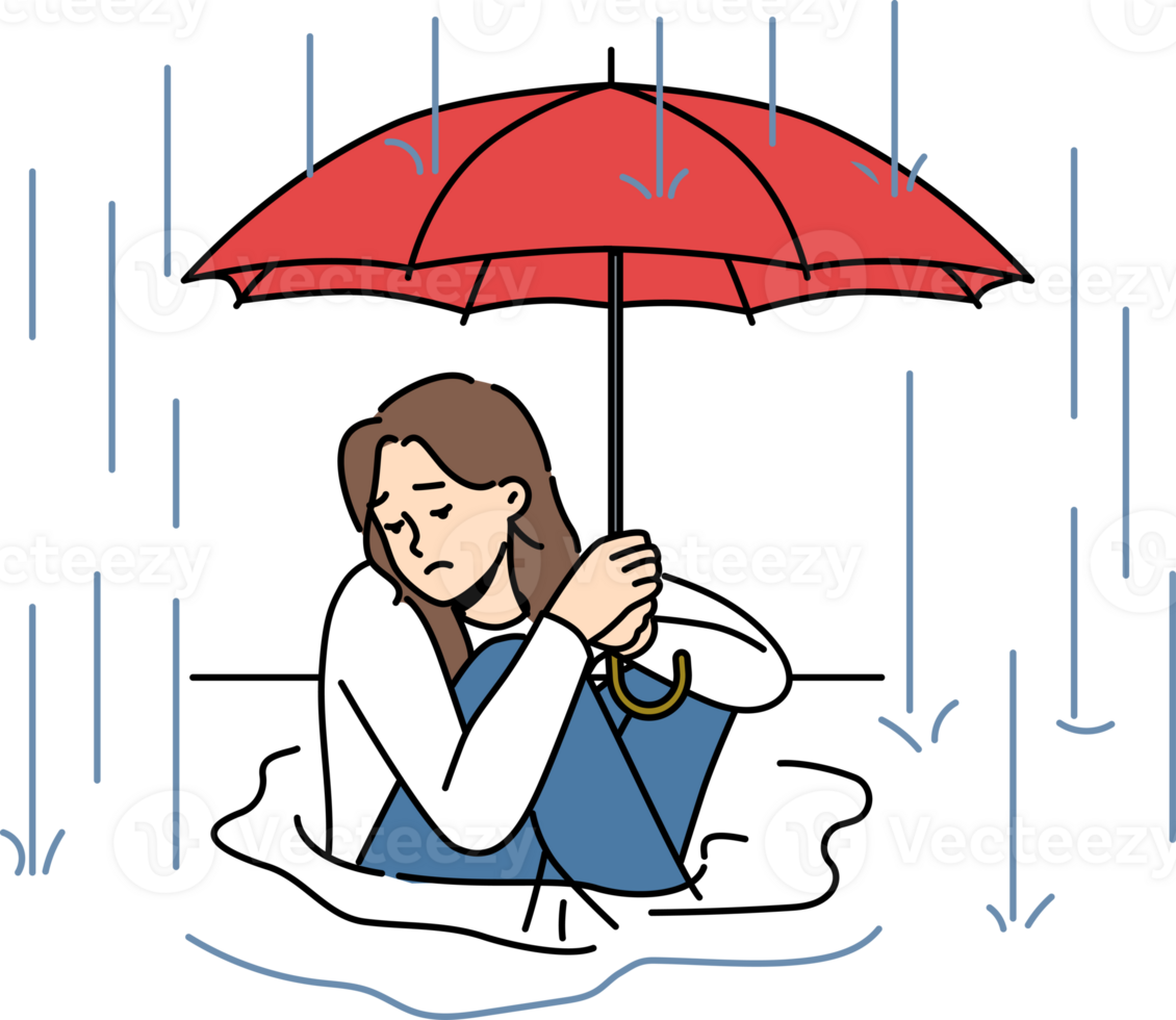mujer se sienta en charco en lluvia y sostiene paraguas terminado cabeza, molesto a escapar otoño aguacero. sin hogar, mojado niña es triste y apotéticamente mira lejos durante lluvia, debido a carencia de hogar o sitio en abrigo png
