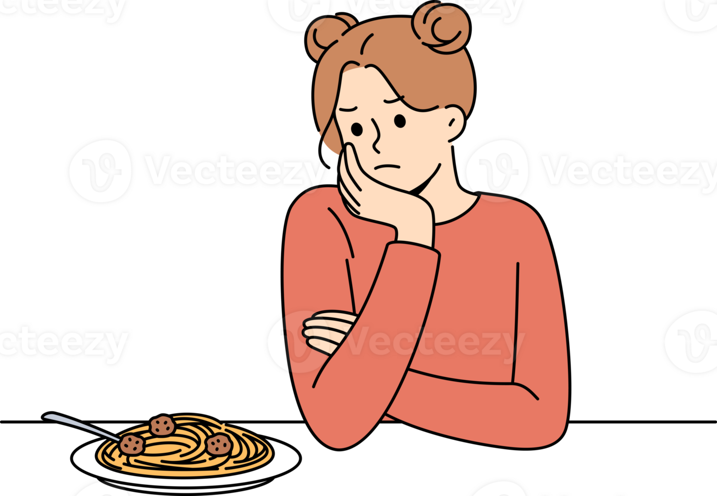 mujer experiencias carencia de apetito y tristemente mira a plato de espaguetis debido a psicológico problemas y bulimia. niña sufre desde pobre apetito causando digestivo trastornos y bulimia. png