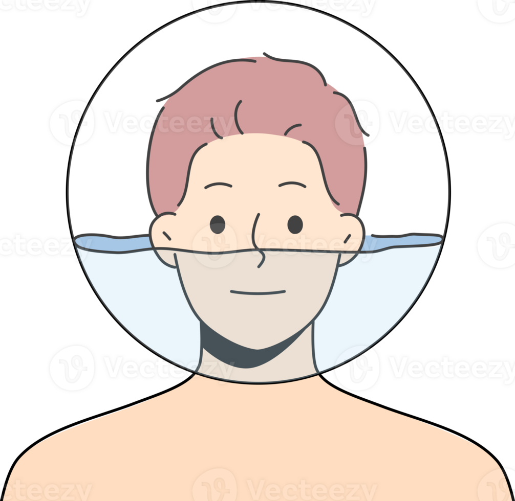 Man with glass ball filled with water on head for concept of psychological problems and need for psychiatrist intervention. Man with face immersed in transparent aquarium smiles looking at screen png