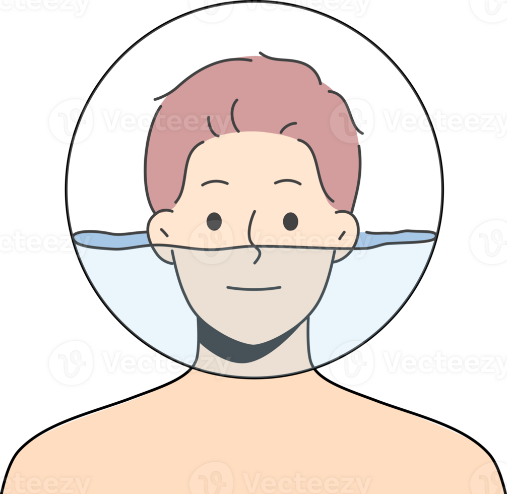 hombre con vaso pelota lleno con agua en cabeza para concepto de psicológico problemas y necesitar para psiquiatra intervención. hombre con cara inmerso en transparente acuario sonrisas mirando a pantalla png