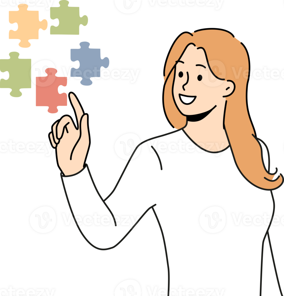 Confident woman doing brainstorming touching with finger flying puzzles symbolizing business task that requires solution. Girl with smile solves complex business problem on behalf of manager. png