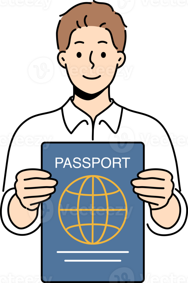 Man with international passport in hands that allows him to travel world and visit countries without obtaining visa. Smiling guy shows passport confirming right to tourism or residence in region png