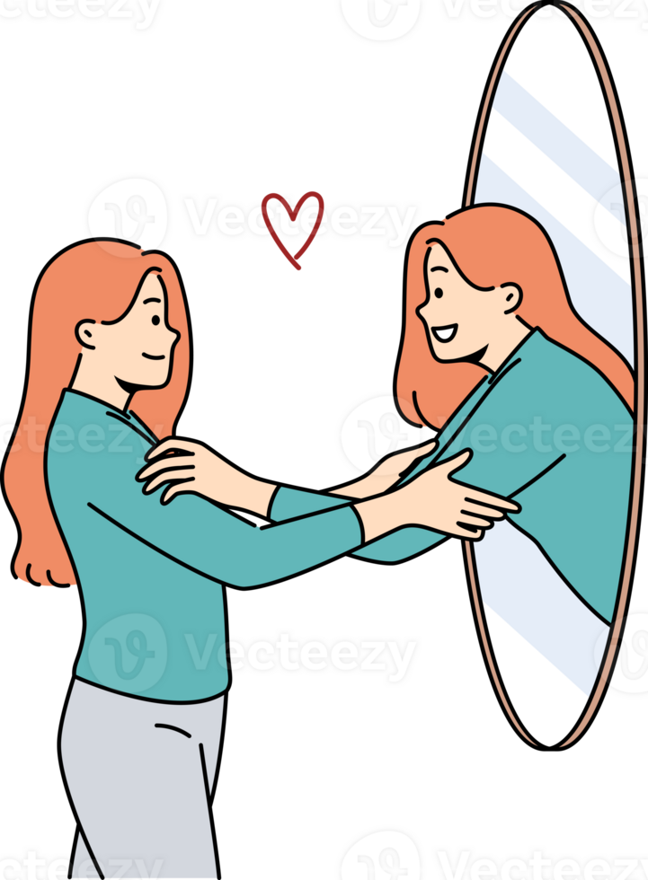 Woman hugs own reflection in mirror demonstrating narcissism and high self-esteem. Girl stands near mirror and rejoices at transformation of appearance after changing image and buying new clothes. png