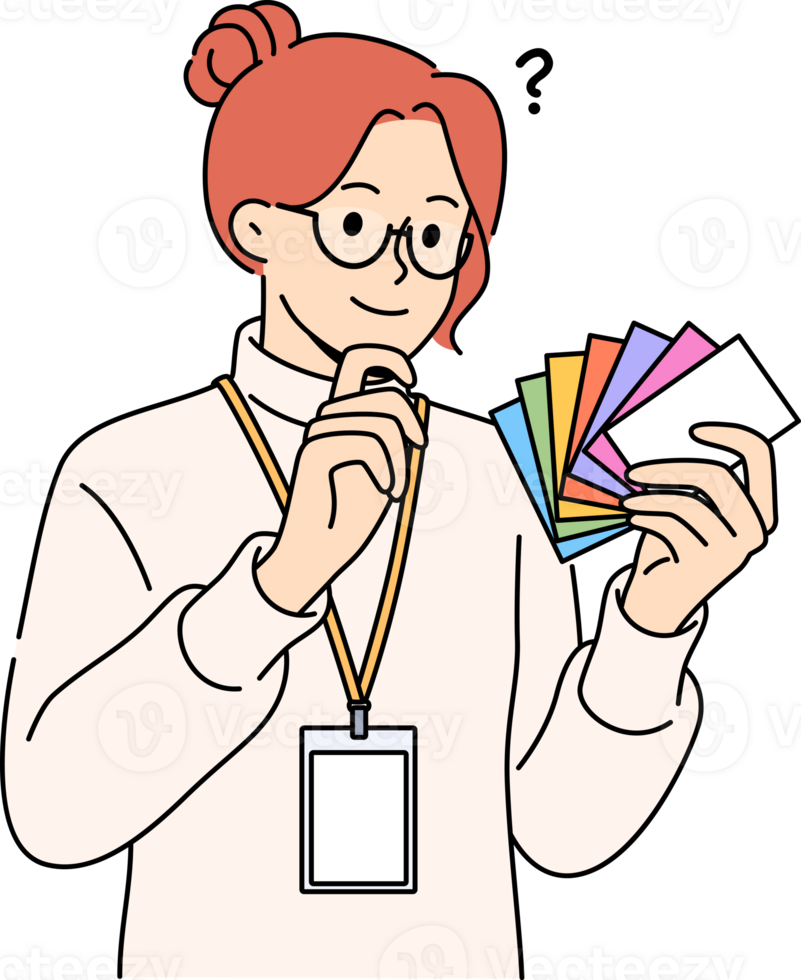 Woman designer holds palette of cards of different colors, choosing desired shade to use in design png