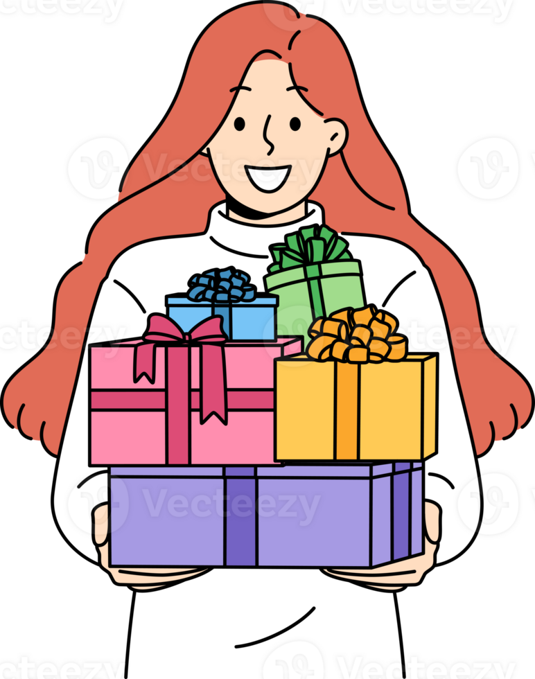 Woman with gift boxes in hands smiles, rejoicing at large number of new year presents from friends png
